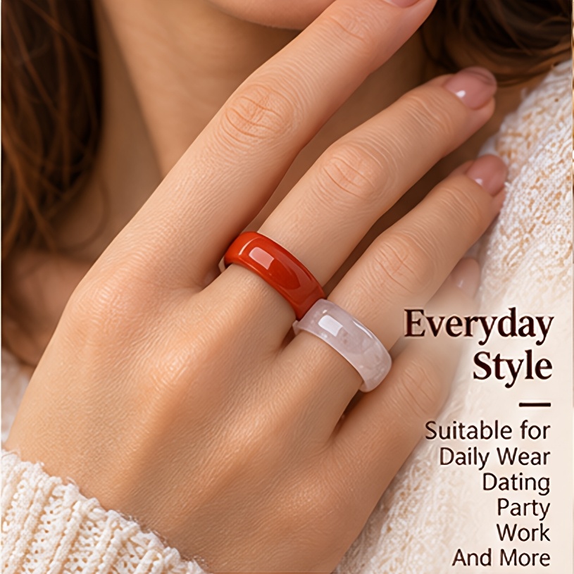 2pc Red Jasper & White Quartz Ring Set, Elegant Bands
