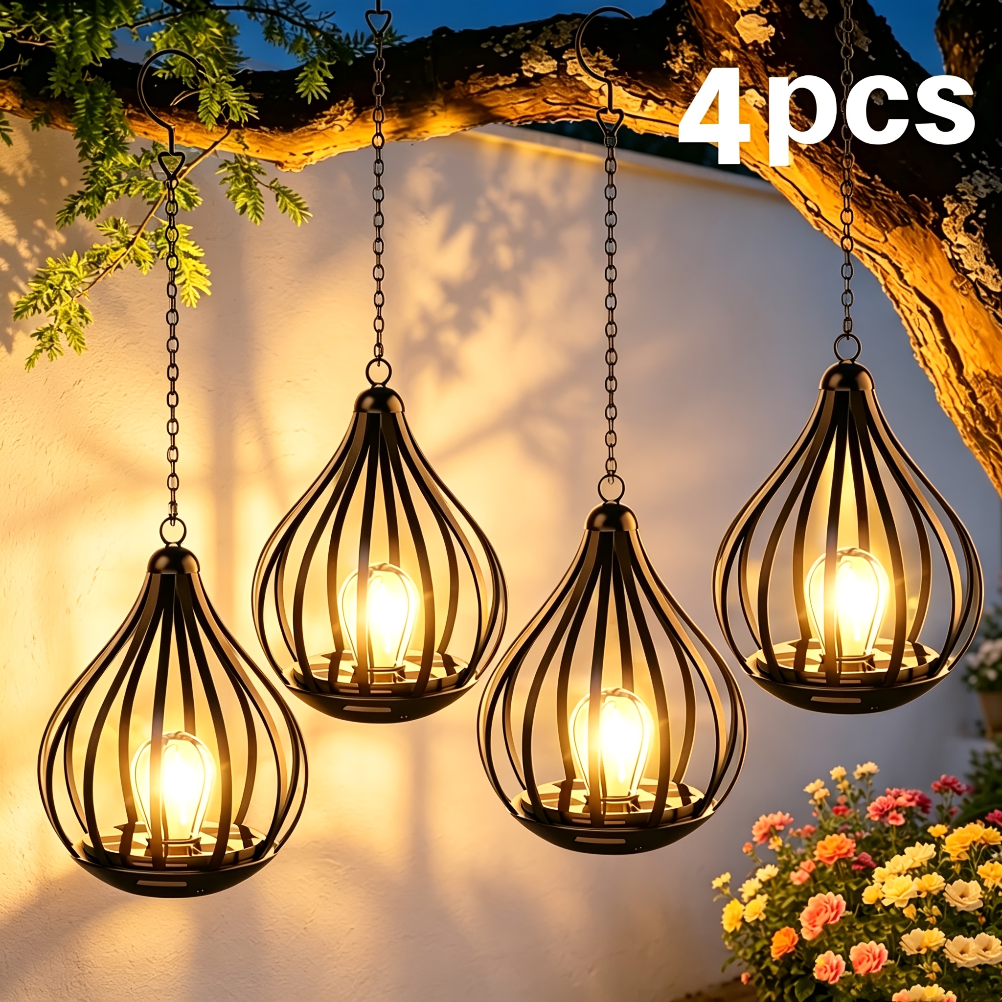 TEMU 4 Solar Powered Hanging Outdoor Lantern Pendant Lights, With Sensing And Automatic At Night. Black Minimalist Lanterns Suitable For Porch,