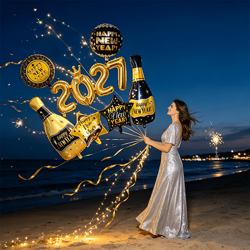 TEMU 7pcs Set - "2027 New Year" - Giant 2027 1pc New Year Crown Number Foil Balloon Set, Black And Golden Bottle And Glass, Happy New Year English