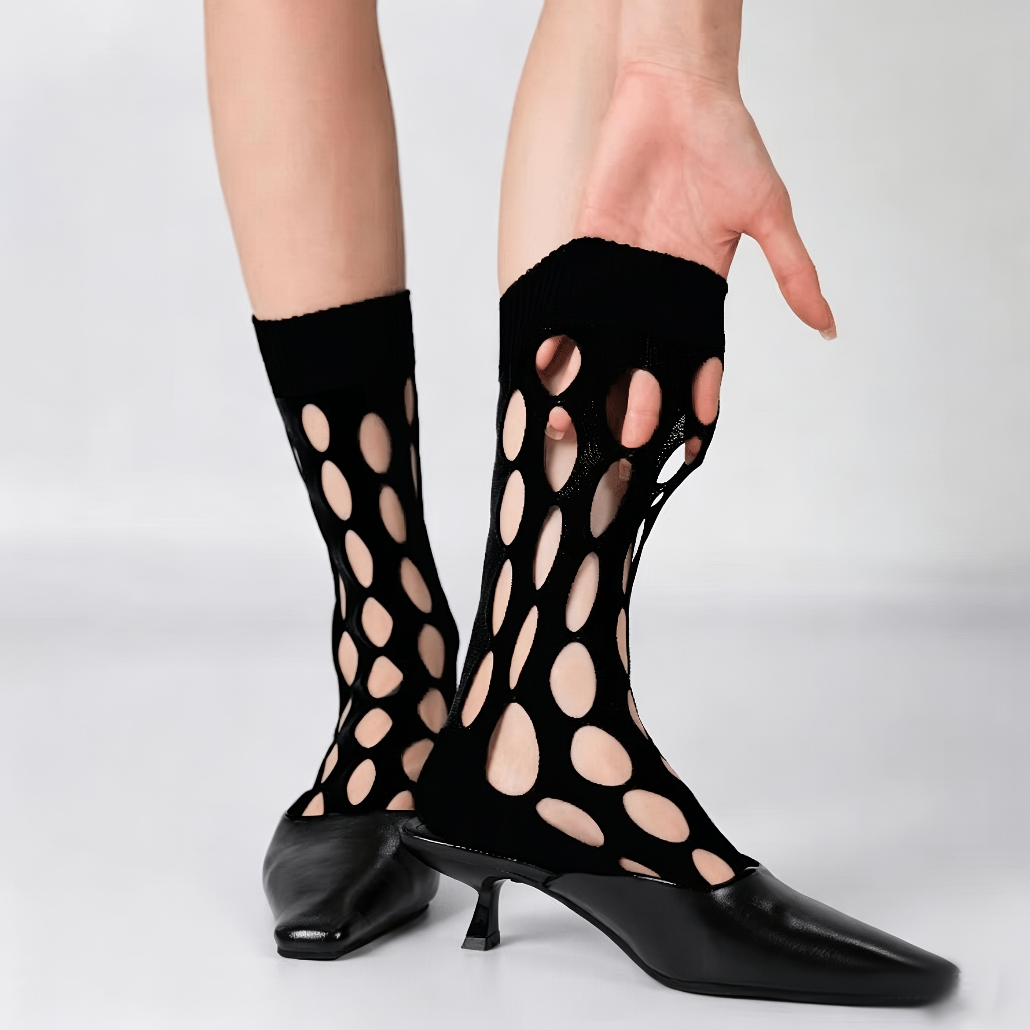 TEMU A Pair Of Women's Japanese-style Thin Mid-calf Hollow-out Hole-patterned Socks For Spring/summer, Black, Trendy And Fashionable Slouchy Style