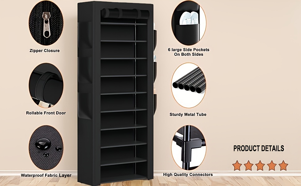 10 Tier Shoe Rack Grey Shoe Storage Large Capacity 50-56 Pairs Beautiful Tall Shoe Shelf Shoe Storage Cabinet Shoe Racks For Entryway Closet