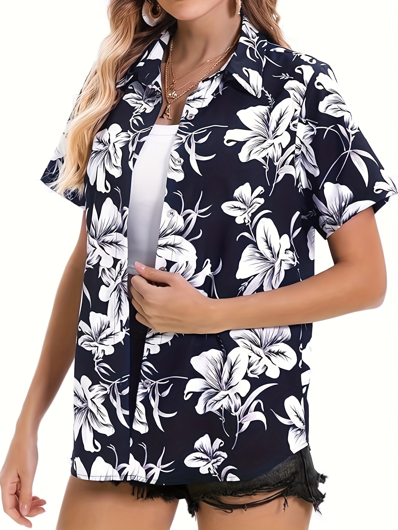 camisa hawaiana estampado floral tropical mujer manga corta Temu