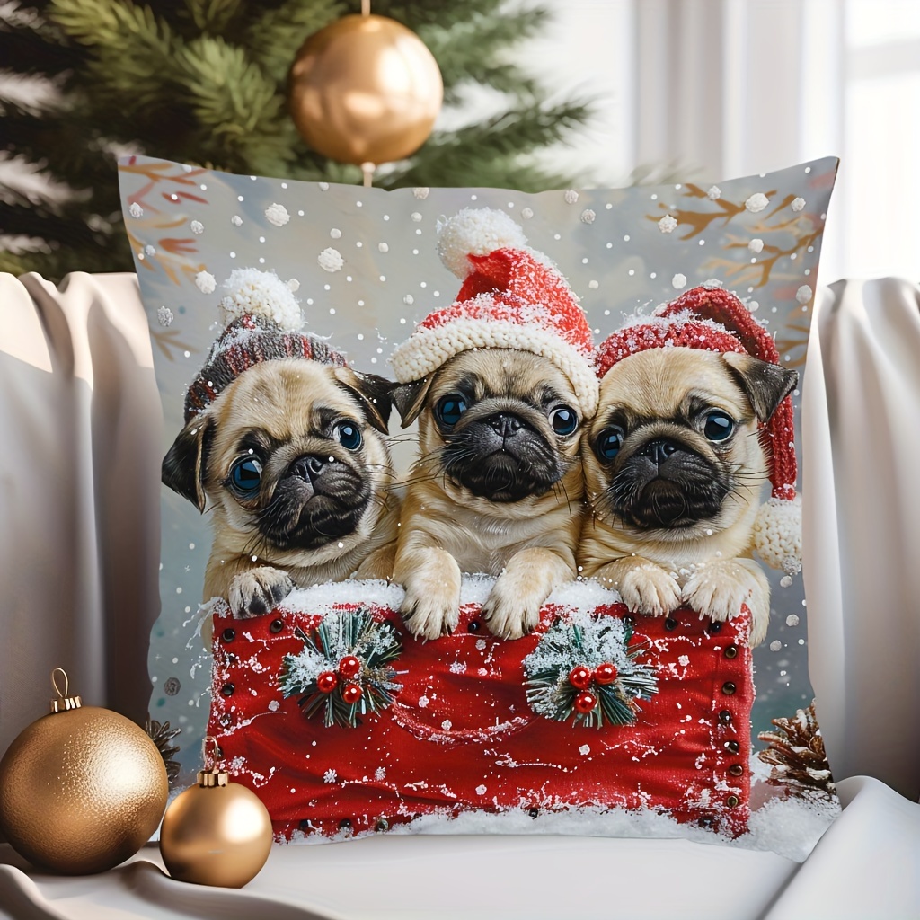 

1pc Christmas Holiday Throw Cushion Cover With Festive Pug Dog Design, Digital Print, Contemporary Style, Zip Closure, 100% Polyester, Handwash, Woven, For Sofa And Home Decor – 17.7" X 17.7