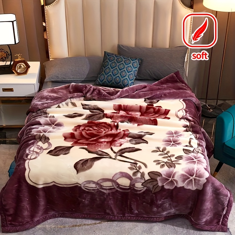 

Vintage Floral Reversible Microfiber Throw Blanket – , Breathable, For Bedroom, Living Room, Sofa – With Elegant Red Roses & Pastel Design