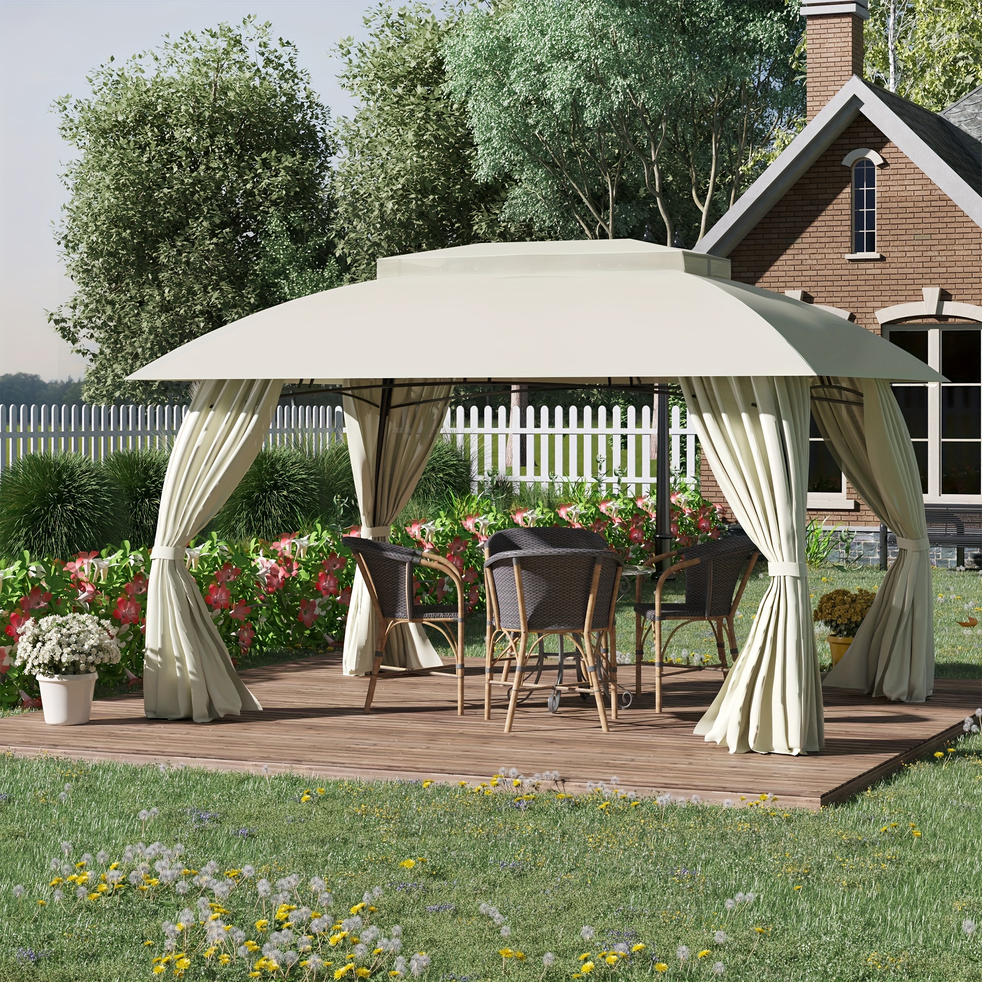 

Outsunny 10' X 13' Outdoor Gazebo Patio Gazebo Canopy, Double Vented Roof, Steel Frame, Curtain Sidewalls, Sun Shade Shelter For Garden, Lawn, Backyard, Deck, Beige