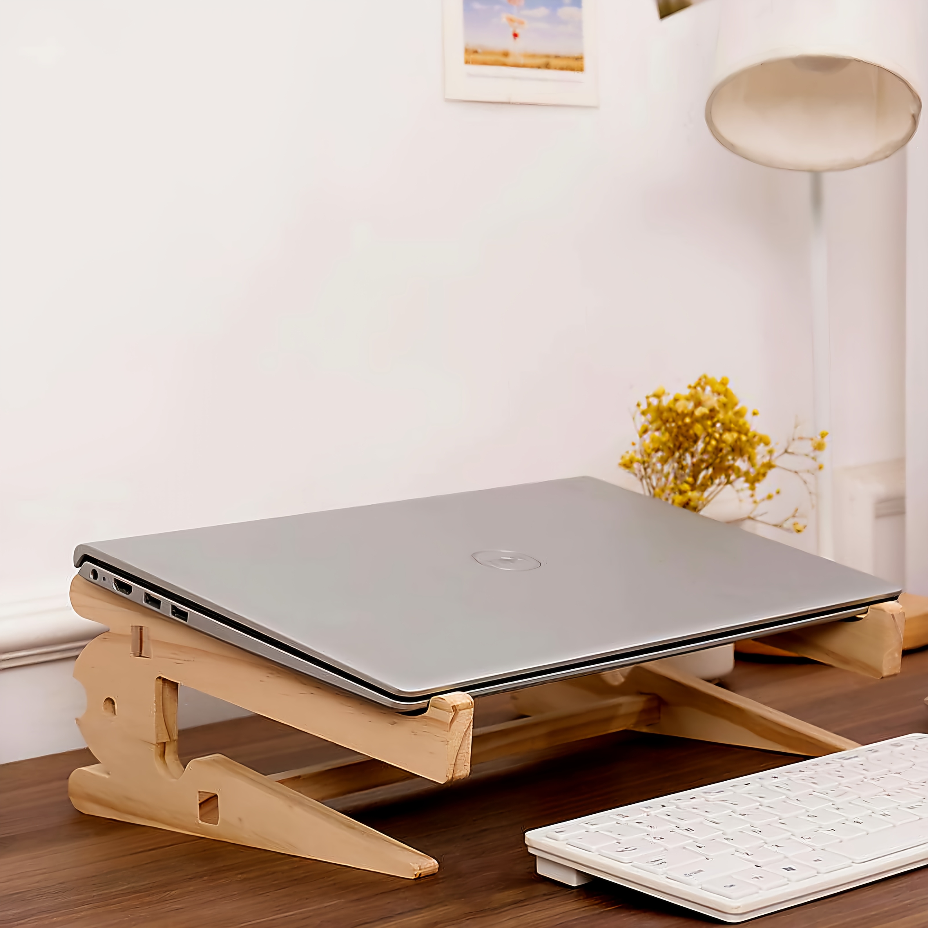 

Solid Wood Laptop Stand With Adjustable Height, For Airflow , Keyboard Tray Included, Home Office Or , Ergonomic Laptop Stand | Modern Wooden Stand | Wood Base