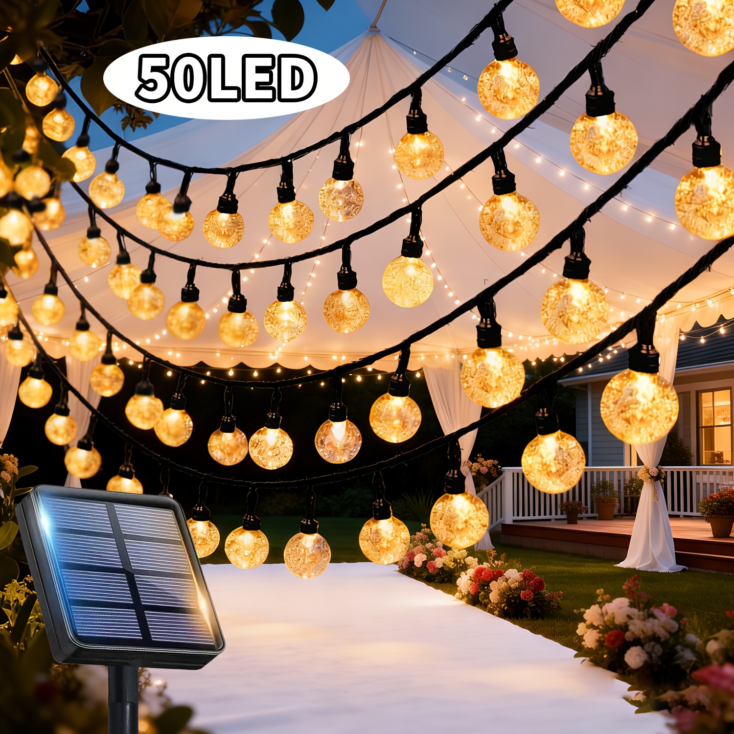 TEMU Guirnaldas de luces solares de para jardín, 100/50/20 luces brillantes para exteriores, encendido/apagado automático, 12 de iluminación, luces