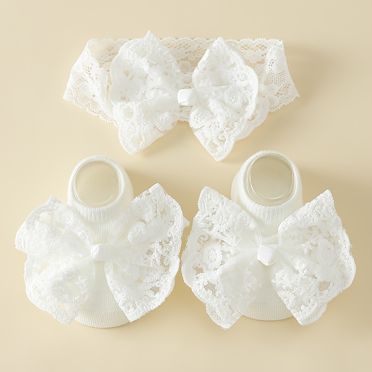 Image of 1 Set Of Extra Large Lace Embroidered Sweet Bow Princess Boat Socks + Bow Hair Tie, Suitable For , Festival, 1 Year Old Gift