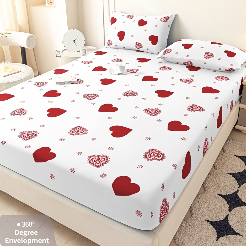 E-shop 3-teiliges romantisches herzförmiges Spannbettlaken und Kissenbezug Bettwäsche Weich Bequem Atmungsaktiv Tiefe Tasche Design Anti-Rutsch 24H