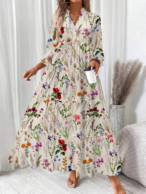 womens watercolor floral print v neck long sleeve dress suitable for spring summer fall
