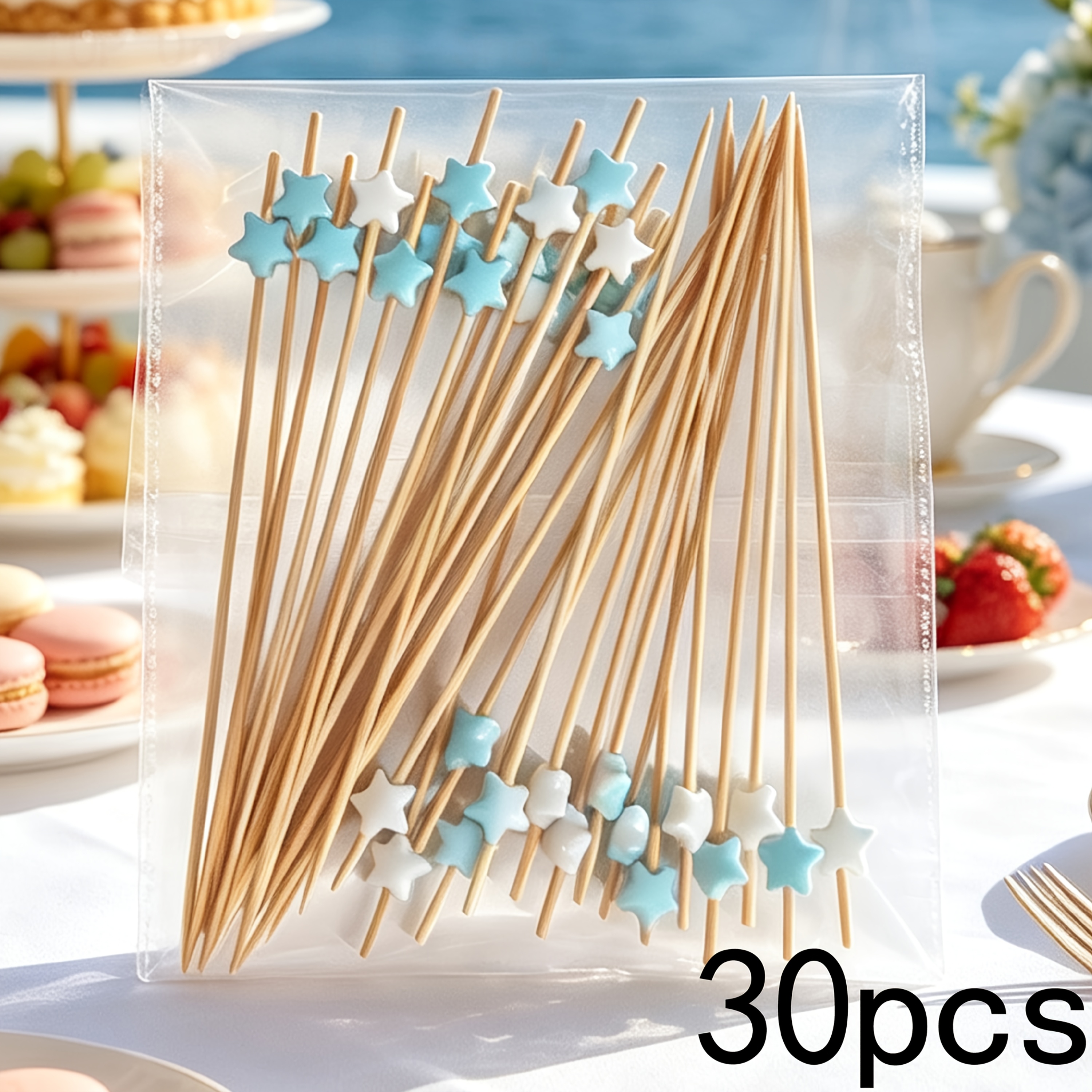 TEMU 30 Stück blaue und weiße, gemischtfarbene Sterne mit exquisiten Zahnstochern, geeignet zur Dekoration von Desserts, Getränken und Snacks an