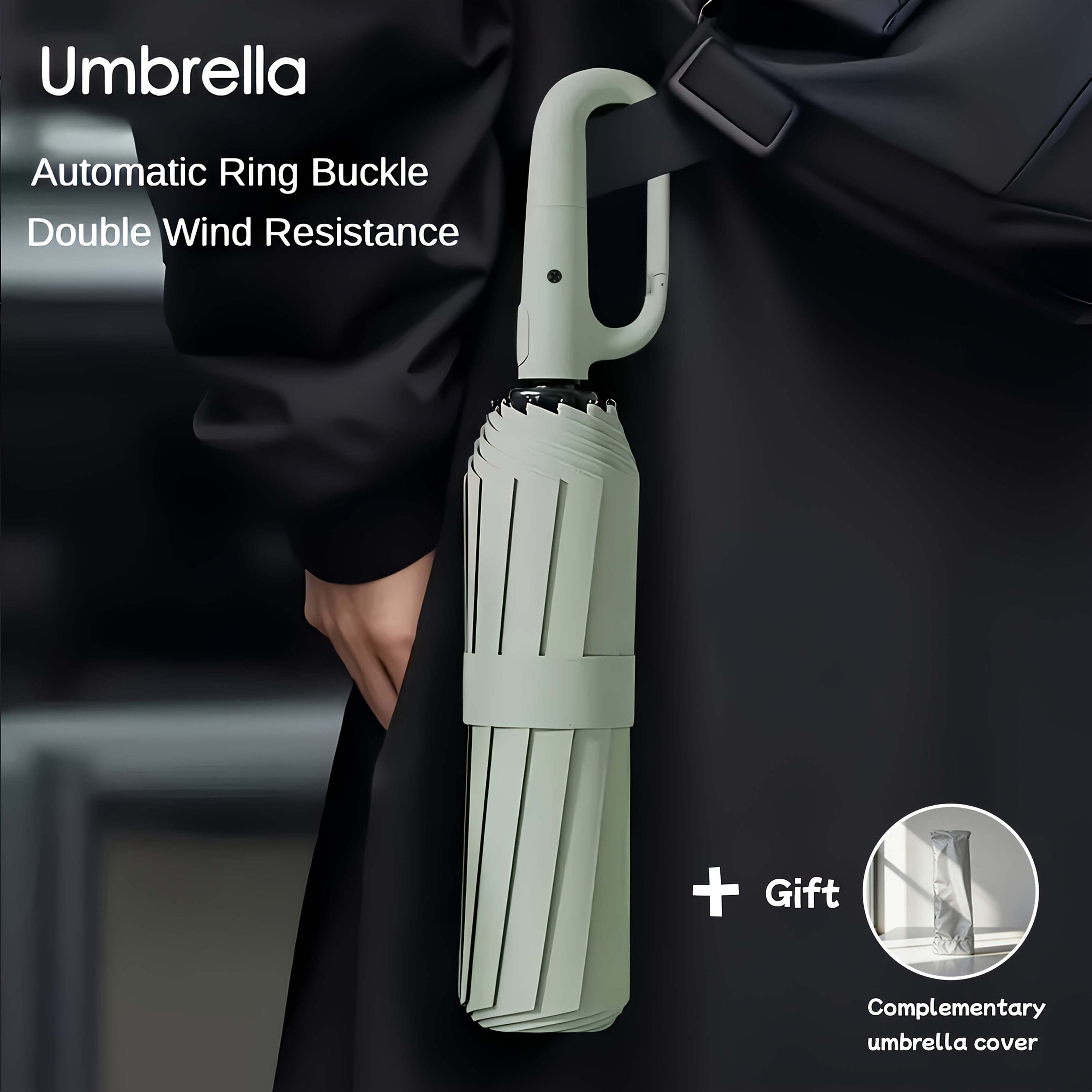 carabiner clip portable hands free automatic folding umbrella features reinforced thickened windproof ribs and canopy ergonomic non slip plastic handle   in multiple colors suitable for men women the elderly and children a durable