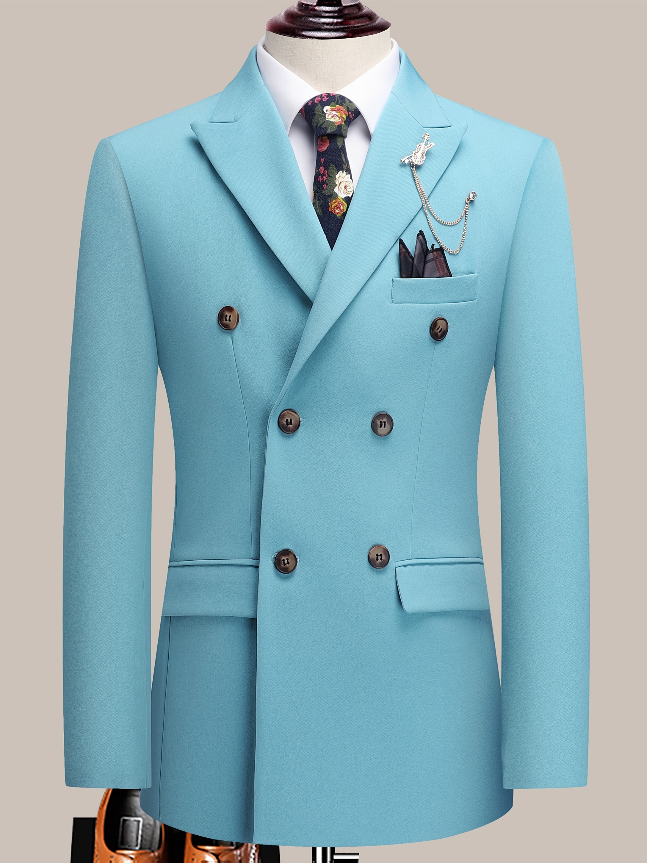 Men'S Beige Double-Breasted Suit with Peaked Lapels - Formal Business & Wedding Attire, Non-Stretch Polyester Blend, Double-Breasted Jacket with Four Buttons, Matching Pants, Wedding Attire|Classic Fit|Polyester Blend