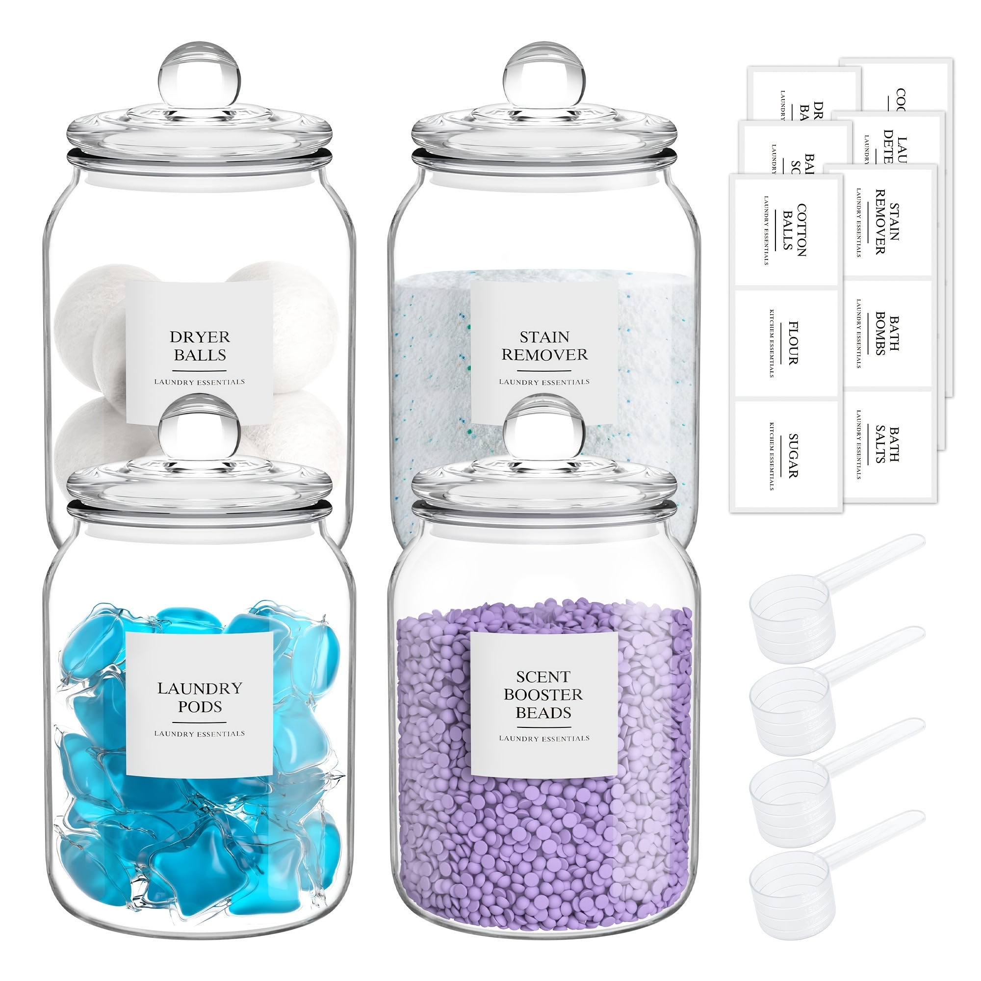 TEMU Half Gallon Glass Jars - Large Airtight Containers With Scoop And Labels For Organization And Storage Laundry, Bath Room, Kitchen And Pantry Holder, Set Of 4