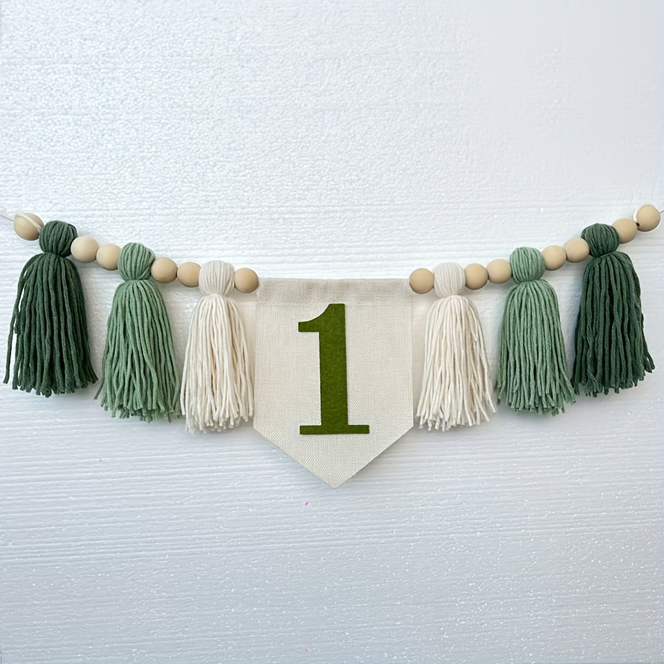 

1pc Handmade Green High Chair Banner, Dark Green Tassel Pull Flag Garland For Jungle Wildlife Theme Birthday Party Decoration