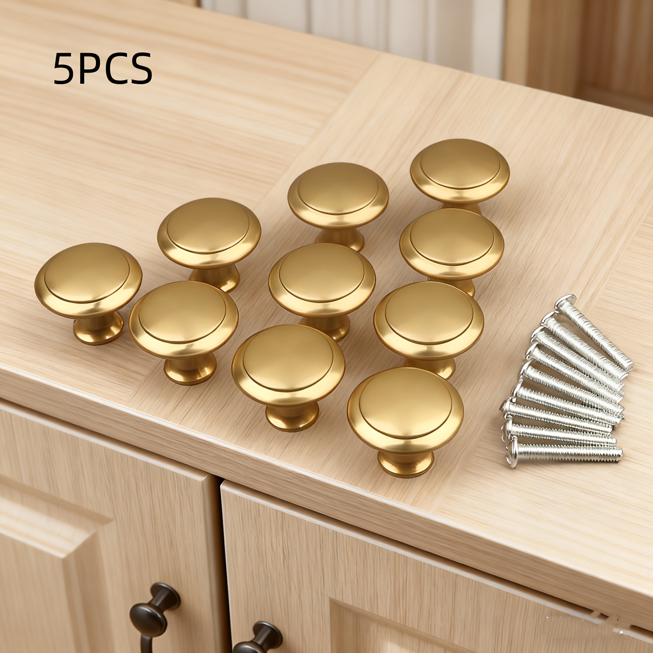 5pcs Matte Golden Minimalist Round Cabinet Handles, Metal Drawer Pulls, With Screws For Wardrobe Doors, Multi-component Furniture Hardware