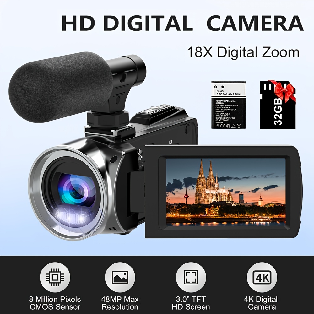 harici mikrofonlu 4k hd video kamera kamera kamerası, dijital kamera kaydedici 4k 48  i̇nç 270 derece dönüş 18x dijital yakınlaştırmalı kamera kamerası, 32gb sd kart ile