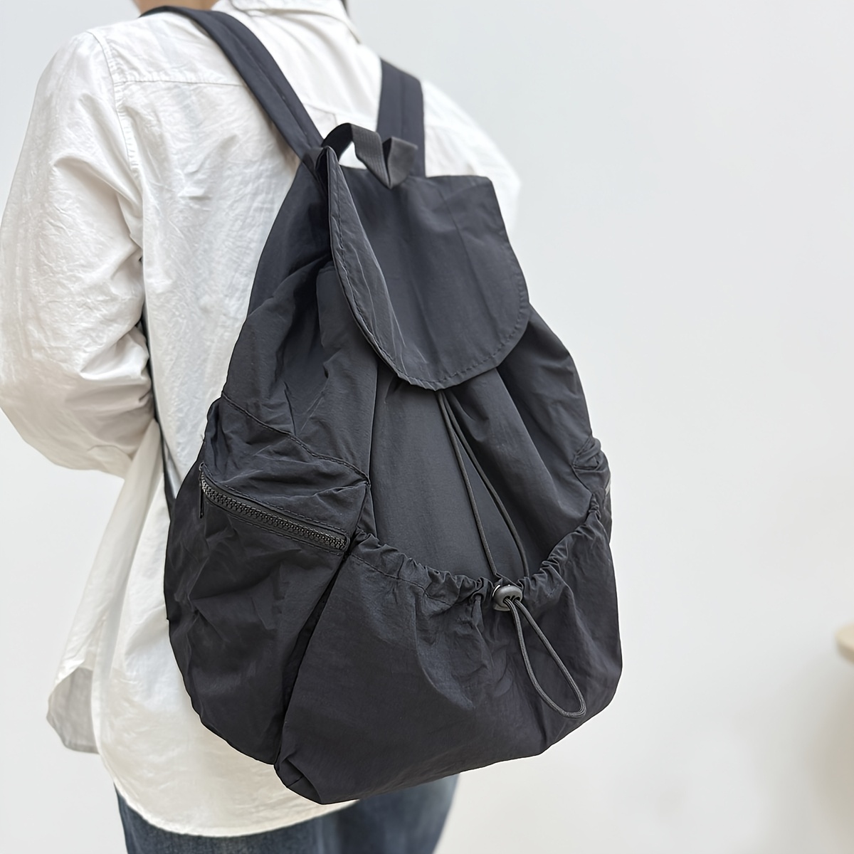 TEMU Nylon Foldable Backpack, Casual Backpack, Multi-pocket Drawstring Design, Suitable For Commuting, Travel, And College Style, Unisex Backpack