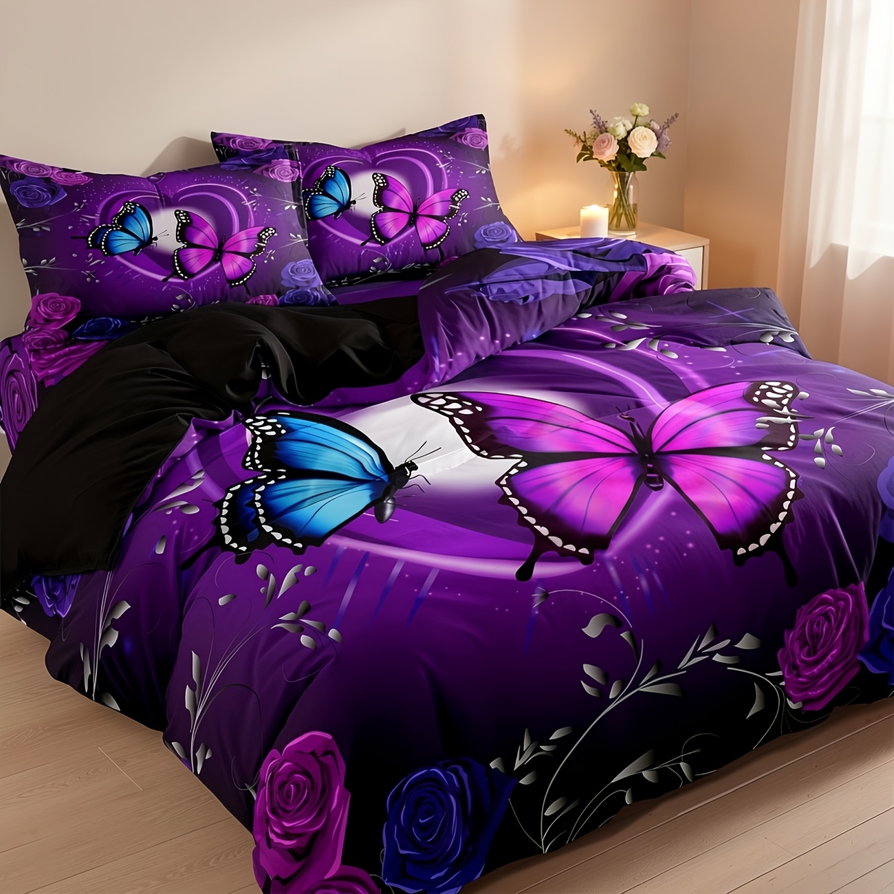 TEMU Purple Print Duvet Cover Set, 3pcs (1 Cover + 2 Pillowcases), Soft Microfiber, Machine Washable, For Bedroom Decor, Local Warehouse