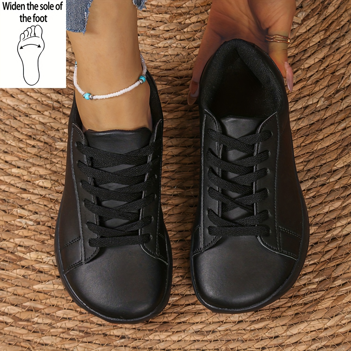 Women's Plus Size Wide Fit Sneakers, Minimalist Style With Accents, Front Lace-up Barefoot Shoes Suitable For Outdoor Sports