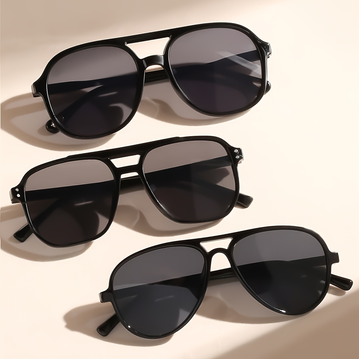 TEMU 3pcs Oversized Fashion With Double - Black Frame, -reflective Lenses For , For Beach & Travel