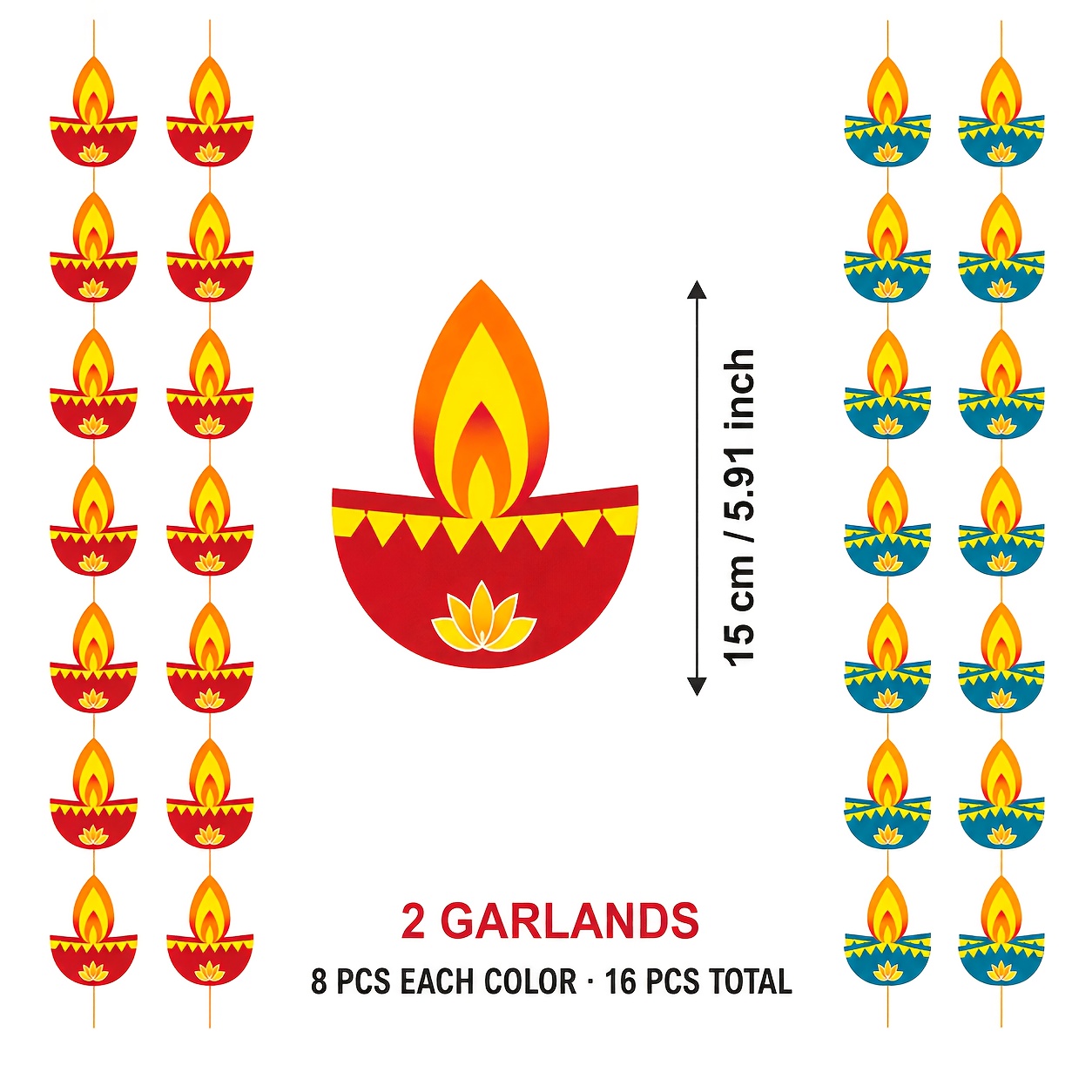 TEMU Lot de 16 bannières décoratives pour de Diwali, lampe à huile de style ethnique pour lotus, drapeau vertical à suspendre, ornement suspendu pour