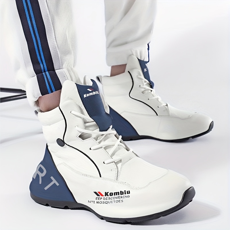 Men's High-Top Casual Sneakers - White & Blue, All-Season Comfort, Lace-Up Sneakers with Non-Slip PVC Sole, Round Toe, PU/Fabric Upper, Perfect for Casual Attire, High Top Sneakers