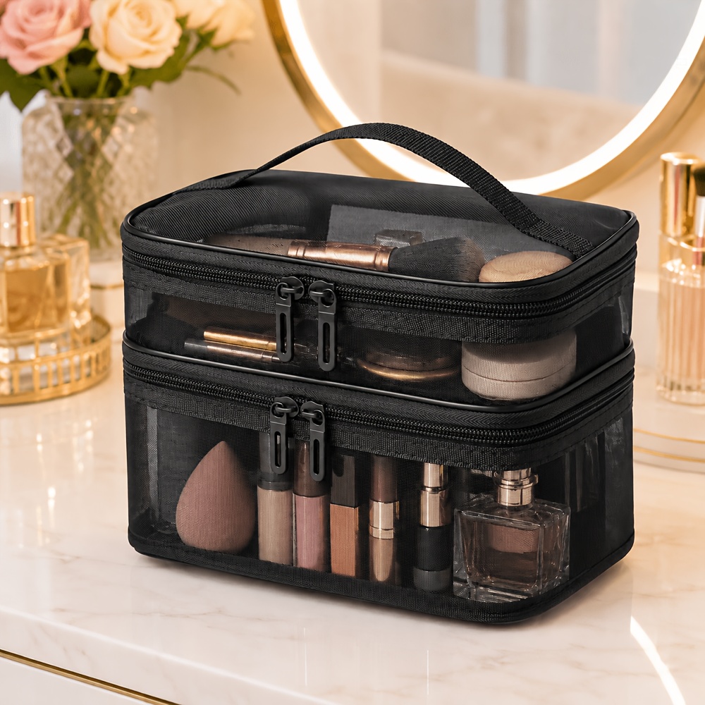 TEMU Double-layer Large-capacity Transparent Toiletry Storage Bag, Portable Cosmetic Organizer With Compartments, Travel And Toiletry Storage Pouch