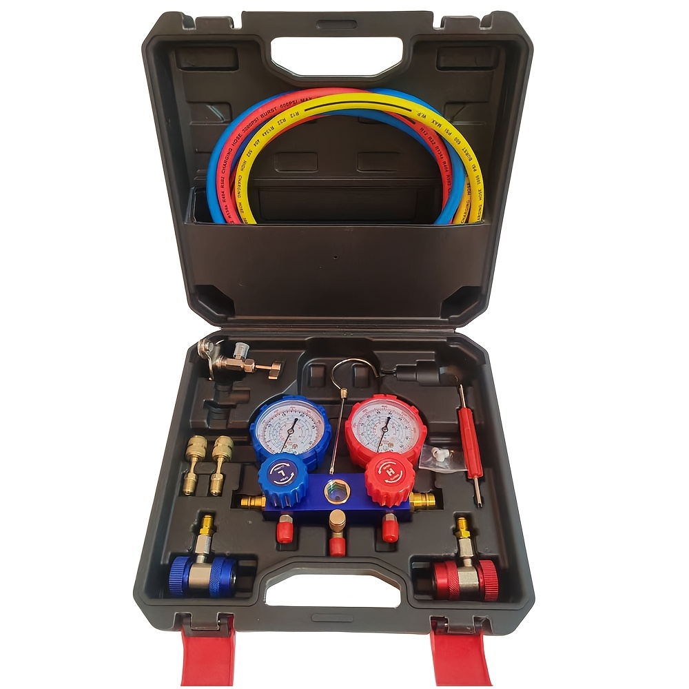TEMU R410a R22 R134a R404a Refrigerant Ac Splitter Pressure Gauge Set, Three-way Refrigerant Filling Kit With Hose, Connecting Part And Connector
