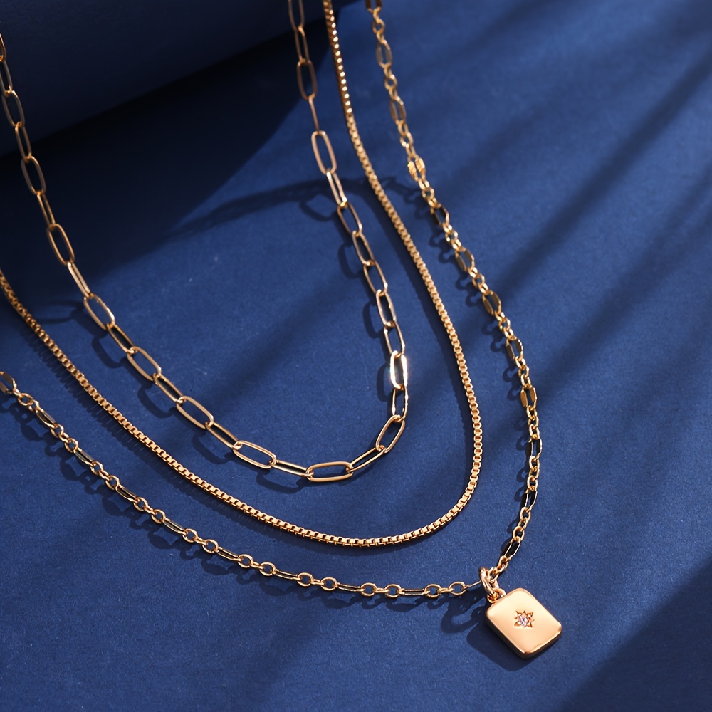 Paperclip Necklace Set with Zirconia Pendant - 3pcs