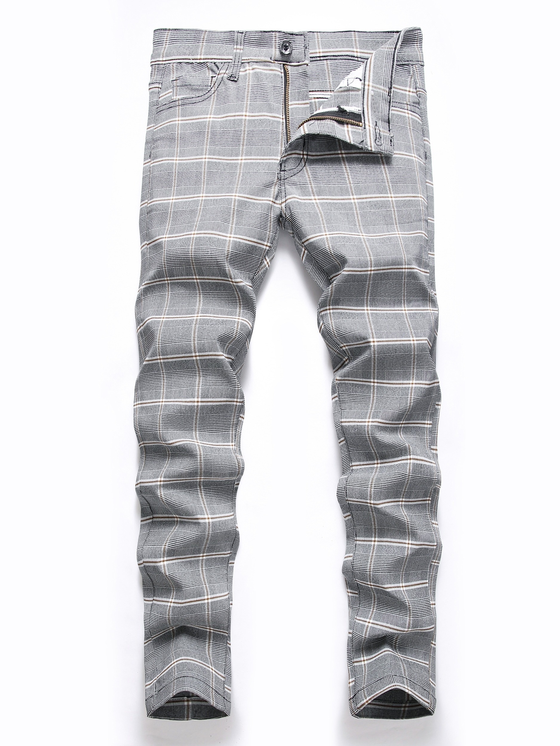 Men's Stretch Slim Fit Flat-Front Casual Skinny Chinos Plaid Dress Pants