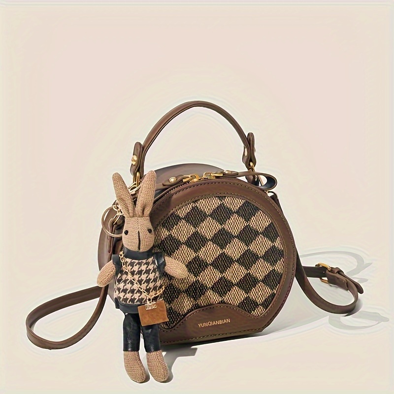 TEMU Vintage Chic Designer Checkered Pattern Trendy Shoulder Crossbody Handbag, Casual Style, Pu Material, Round Shape With Adjustable Strap