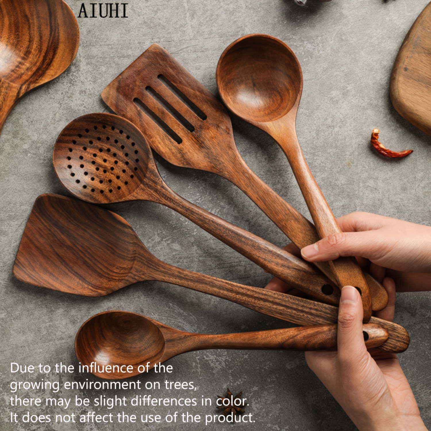 TEMU Aiuhi 5pcs Wooden Cooking Spoons Wooden Utensil Kitchen Spoon Set Wood Turner Set Wooden Soup Scoops Suite