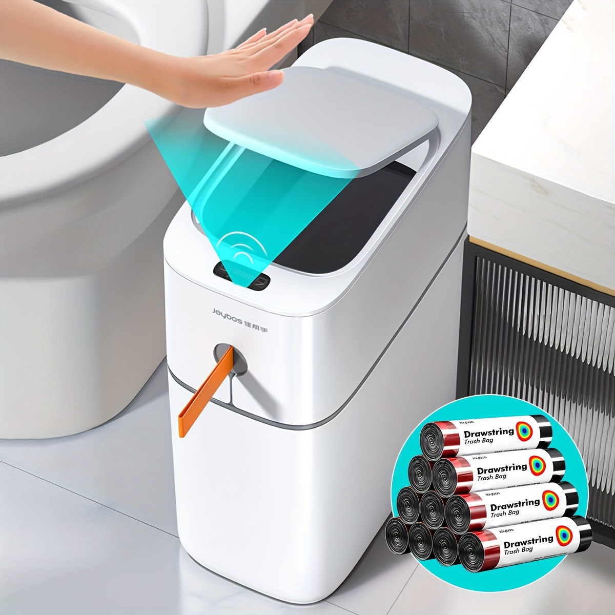 

Bathroom Trash Cans With Lid 3.8 Gallon Touchless Automatic Motion Sensor Small Slim With 10 Rolls Of Trash Bags (150pcs), Smart Narrow Garbage Bin For Bedroom Office Kitchen (white)