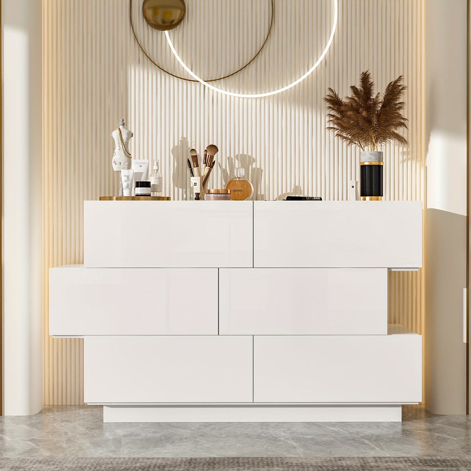 Contemporary Glossy Dresser Storage Unit Featuring Six Drawers, a Wooden Double-Layer Shiny Chest Suitable for Bedrooms And Living Rooms, Designed with Simplicity And Elegance