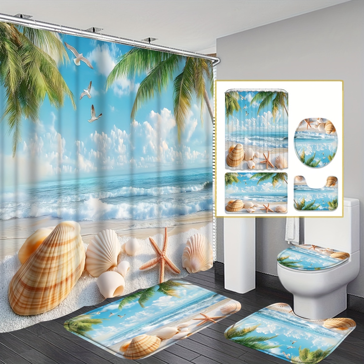 

1/4pcs Theme Bathroom Set Decoration: Starfish Shower Curtain, Shower Curtain , Bath Mat, U-shaped And Toilet - Washable