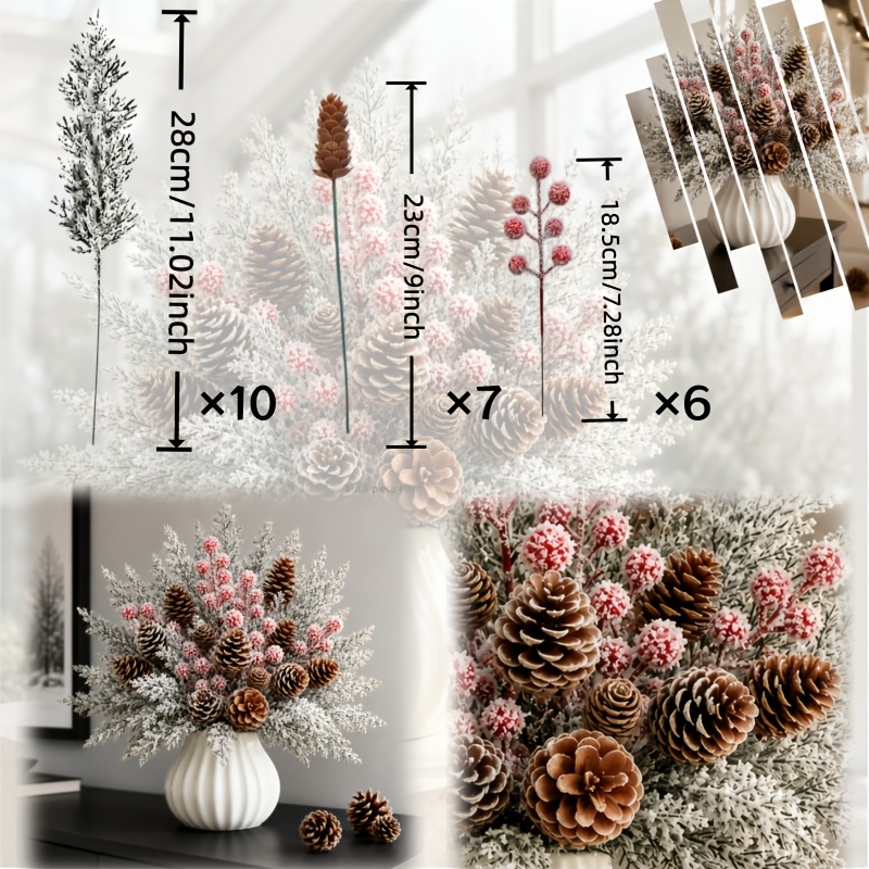 TEMU Ensemble de 23 pièces de branches de Noël artificielles style neige tombante, ornement de branche de pin de Noël artificielle avec et rouges,
