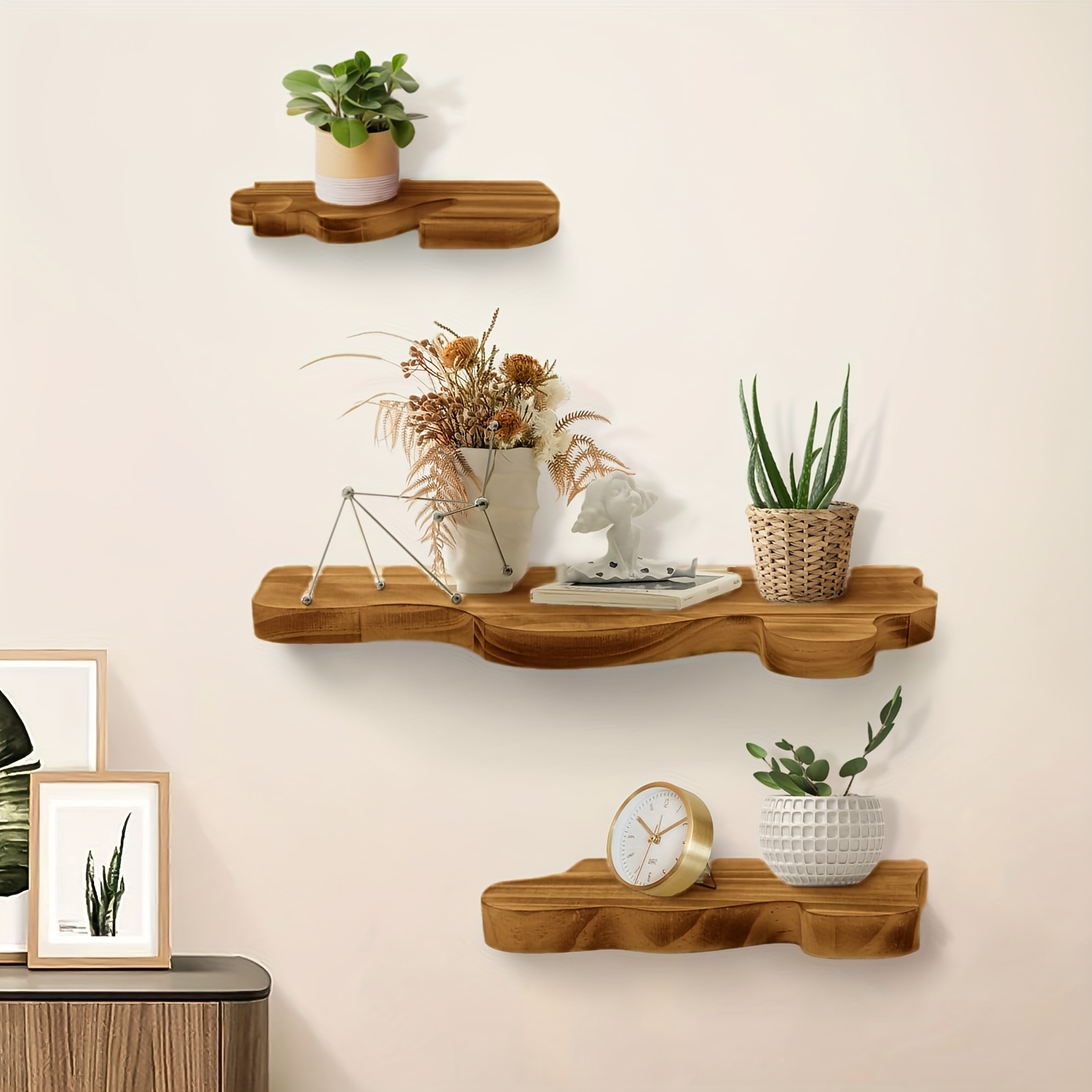 E-shop Set mit 3 kleinen rustikalen Wellenkanten-Schweberegalen, 3 Größen, Live Edge Holzregal mit Metallhalterung, Wandmontierte Display-Regale,