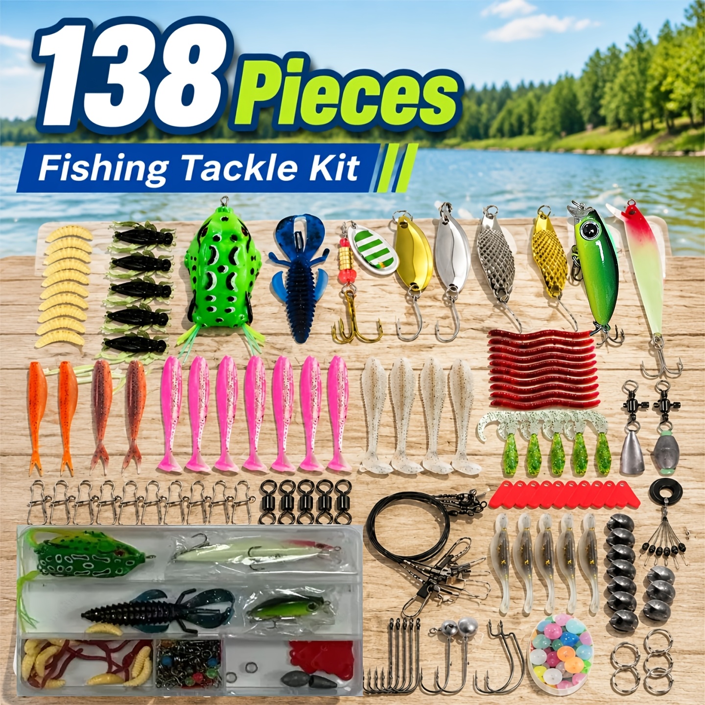 TEMU Juego de señuelos de pesca que una rana Thunder, varios señuelos blandos, cucharas metálicas, señuelos duros, anzuelos, alfileres y un juego