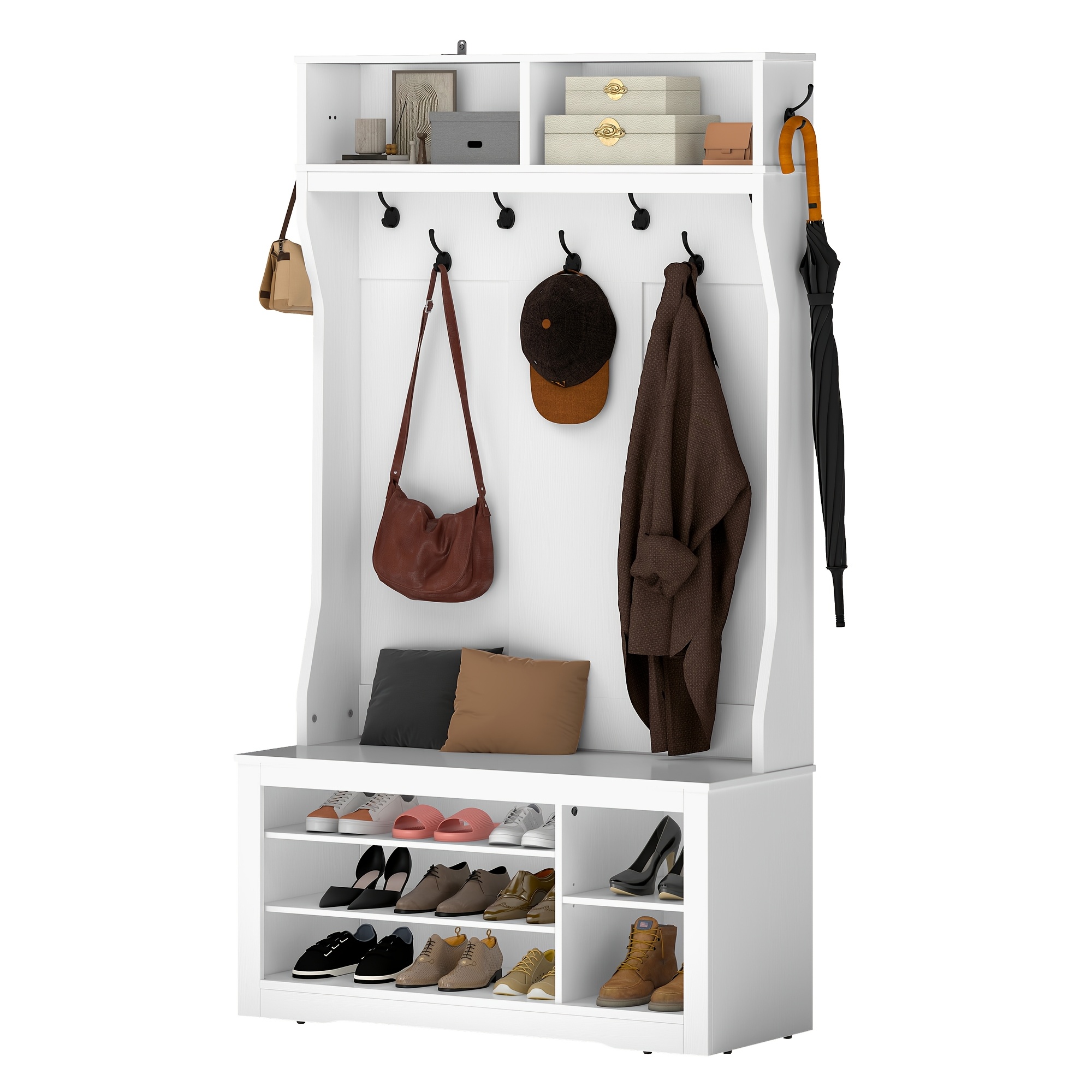 Shoe Cabinet With Shoe Bench, 9 Hooks And Adjustable Shelves, Coat Rack, Freestanding Entryway Cabinet 100x35x180.5cm, White, Large Capacity, Suitable For Entryway And Living Room.