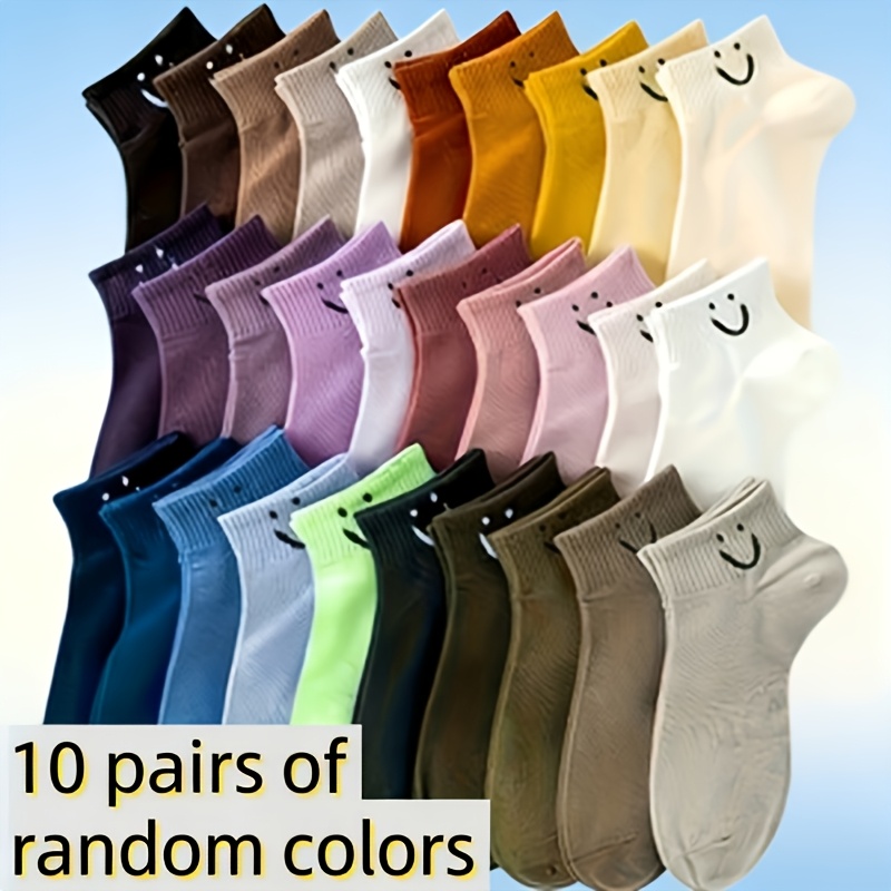 TEMU 10/15/20 Pairs Random Color Cute Smiling Cartoon Pattern Socks For Women, Soft Breathable Non Slip Low Cut Ankle Socks, Candy Mixed Color, All