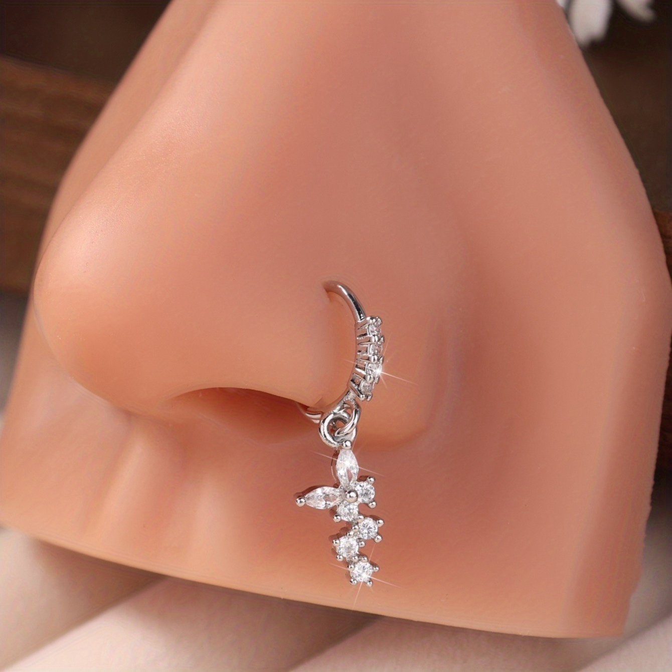 TEMU 1pc Cute And Sexy Design Inlaid With White Cubic Synthetic Zirconia Nose Ring Piercing Ring For And Women, Golden And Silvery Jewelry