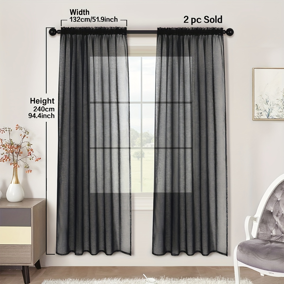 A Set Of Two, Black Sheer Curtains That Provide A Effect Without Revealing What's Behind, Featuring A Modern In Solid Color Chiffon, Suitable For , , And Door Decorations