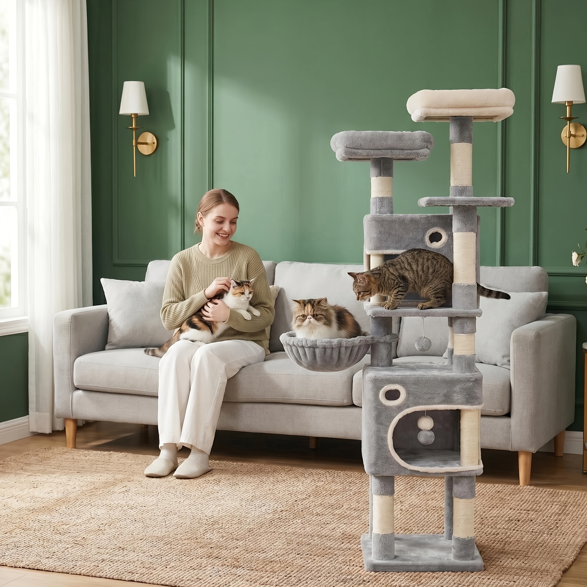 Image of 161cm Cat Tree Suitable For All Cat Breeds, Featuring 8 Sisal Posts For Cats To Scratch, 3 Platforms, Rooms, A Cat Basket, And A 7-tier Cat Tree, Suitable For Large Cats And Multiple Cats