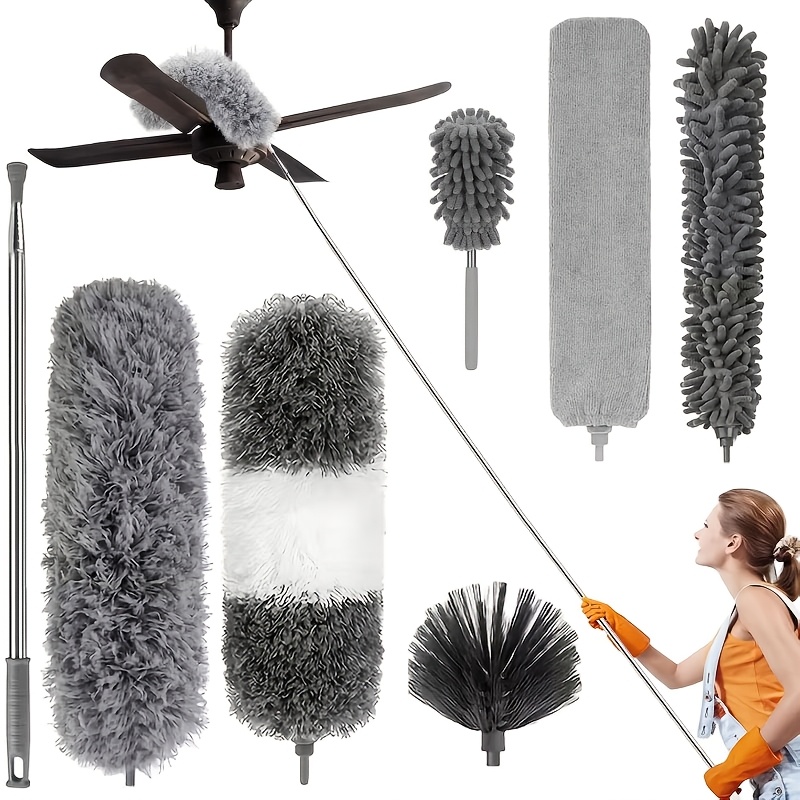 TEMU 7pcs Feather Duster Kit Extendable, 113.39 Inch Telescopic Extension Pole Detachable And Washable Microfiber Chenille Duster Reusable Crevice