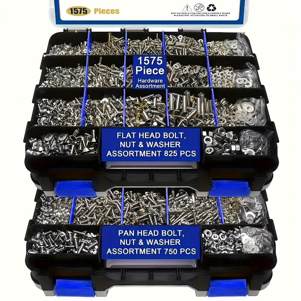 Kit de 1575 Piezas de Tuercas y Tornillos, Acero Inoxidable 304 con Cabeza Phillips y Plana, Varios Tornillos, Tuercas y Arandelas en Caja Organizadora Doble Cara Duradera