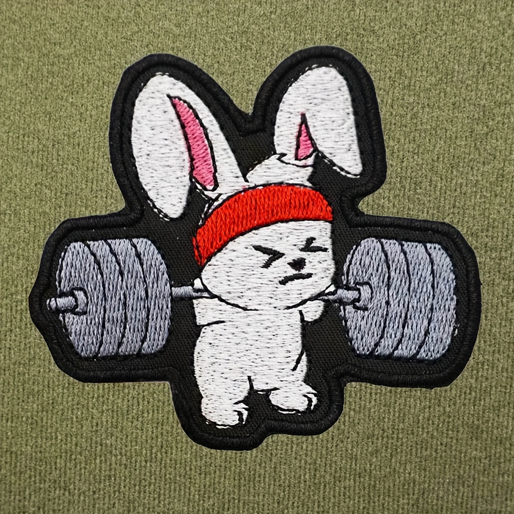 

Fitness Rabbit Embroidered Appliqué Patch, White And Grey Gym Bunny Iron-on Patch For Clothing Decoration