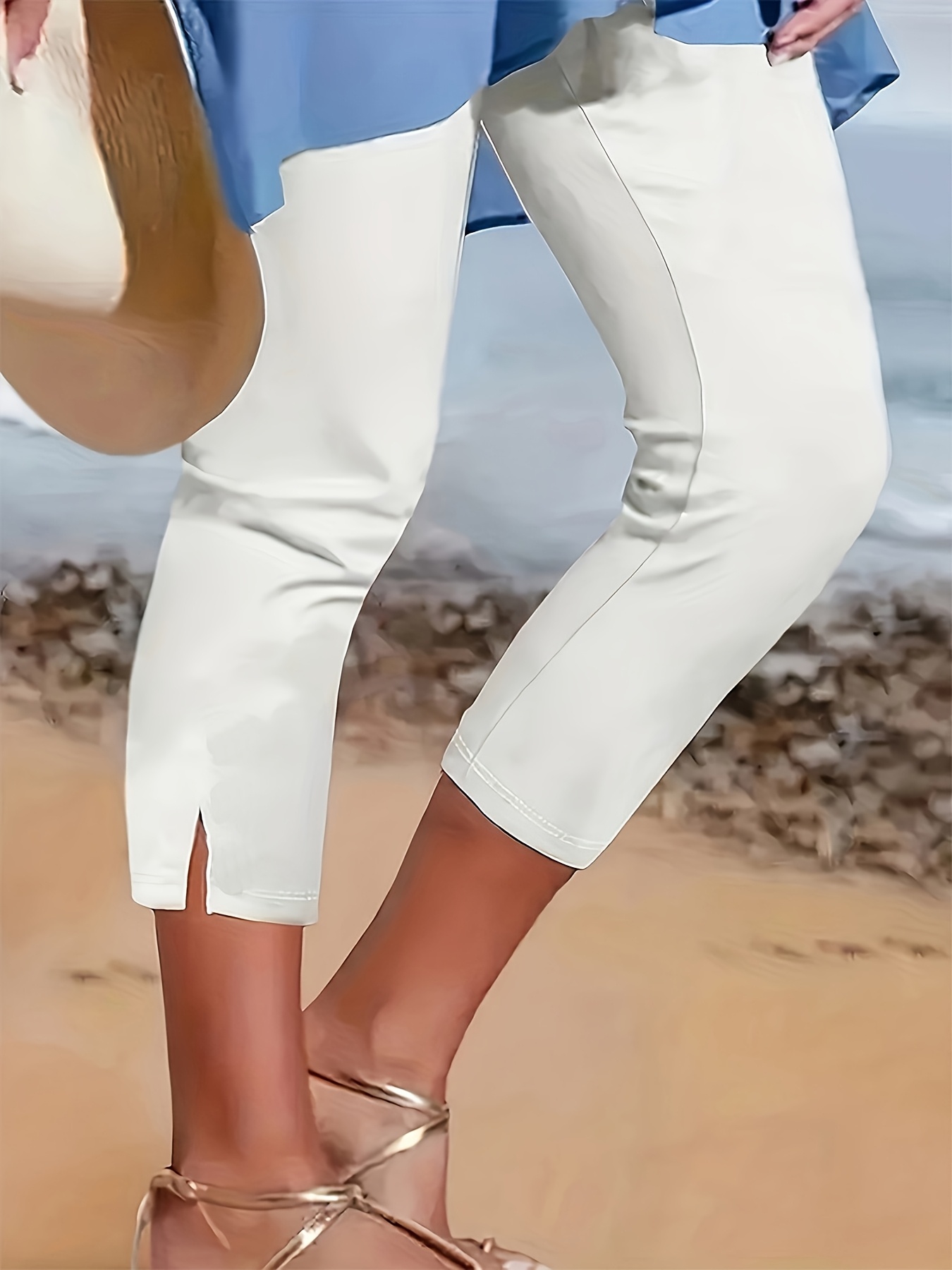 3657 solid color hot womens elastic waistband medium stretch fabric   casual pants