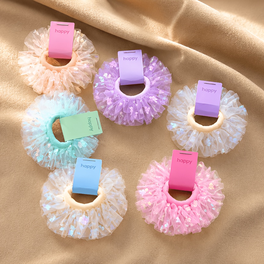 TEMU 6pcs, Iridescent Glitter Mesh Lace Hair Ties, Macaron , High Elasticity Hair Bands, Girly Vibe, Cute Hair Accessories