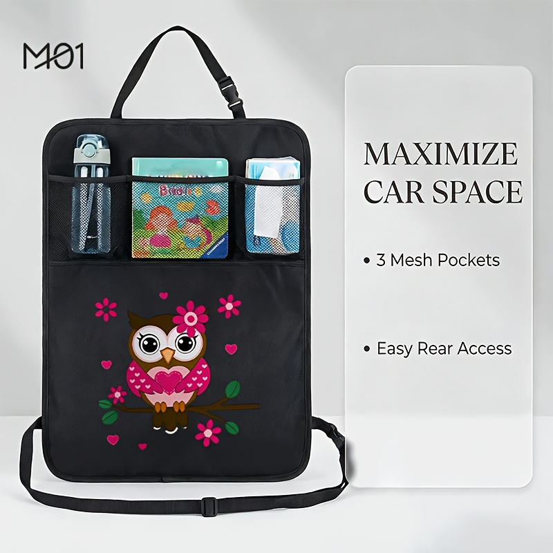 TEMU 1pc Print Cute Owl Pattern Car Back Seat Storage Organizer With 3 Mesh Pockets Adjustable Kick Resistant Easy Rear Access Car Backseat Organizer